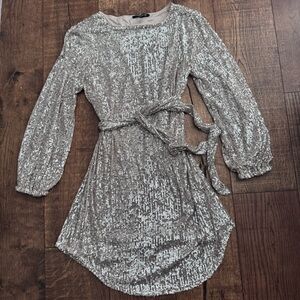 Cable & Gauge champagne Sequin puff Long Sleeve Mini Dress, Size S festive NYE